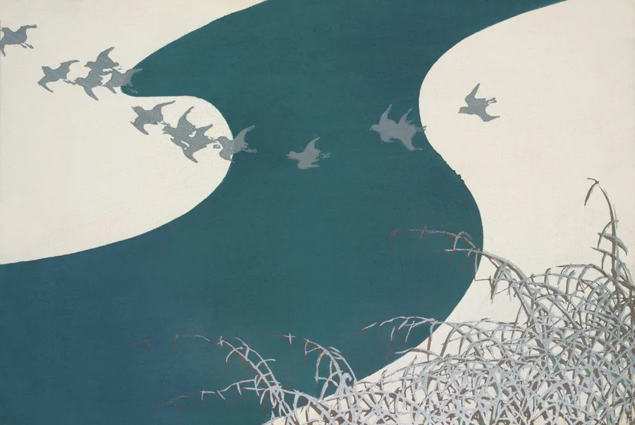 Teal and cream wallpaper with flying birds silhouettes and moon phases, frost-touched grasses below.