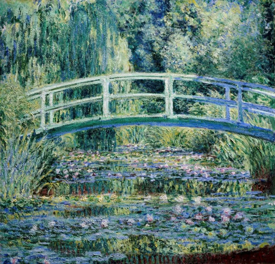 Impressionist painting of a white arched bridge spanning a water garden with lily pads and drooping willow trees in soft greens and blues