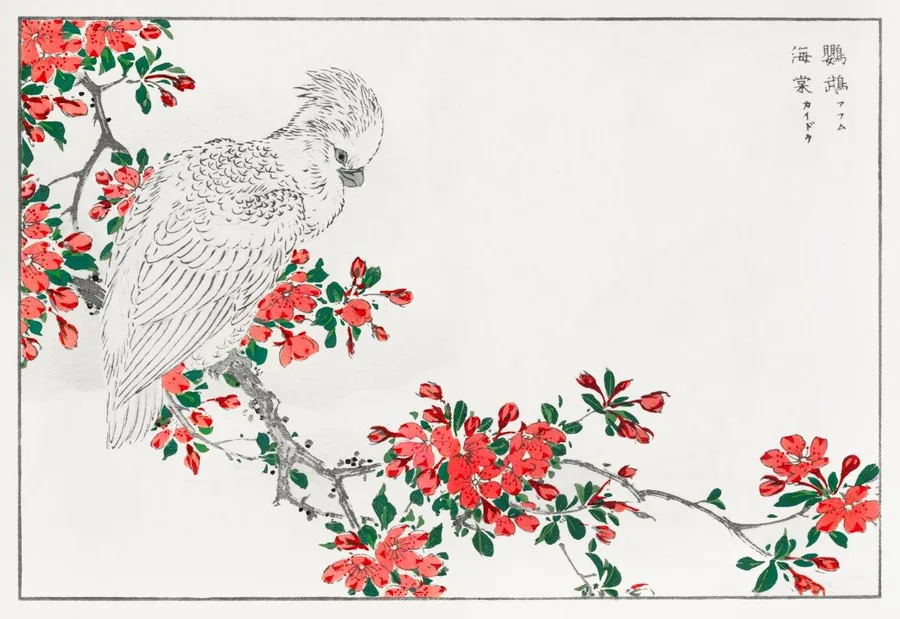 Hand-drawn parrot on branches with red flowers and green leaves in Japanese art style