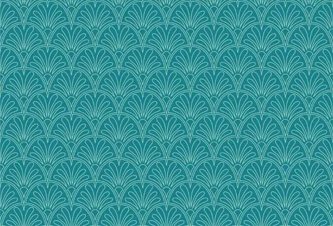 Repeating teal and blue fan-shaped geometric pattern with radiating lines in Art Deco style