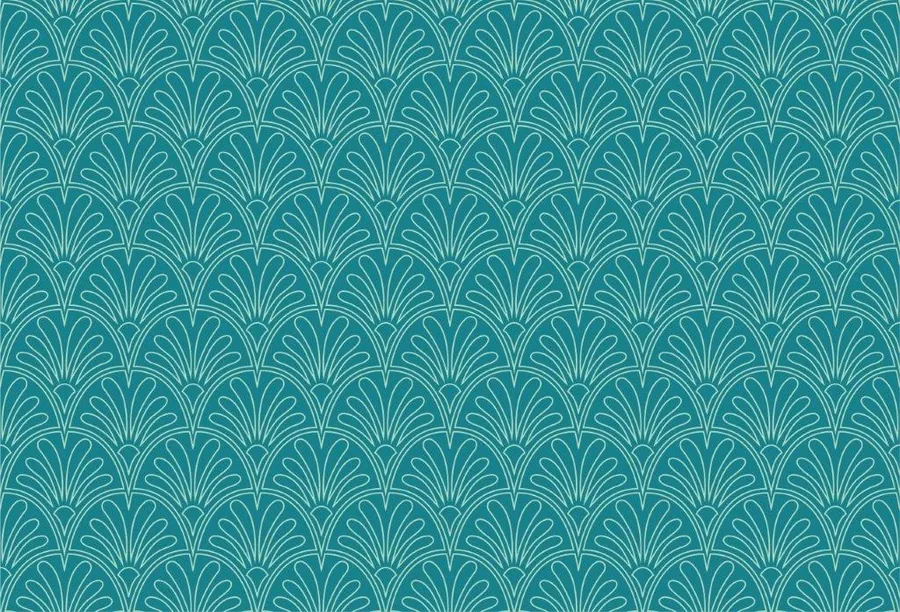 Repeating teal and blue fan-shaped geometric pattern with radiating lines in Art Deco style