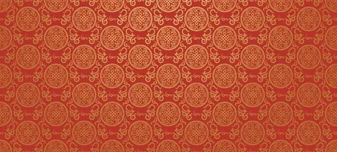 Repeating Oriental pattern of golden pomegranate medallions with scrollwork on deep red background