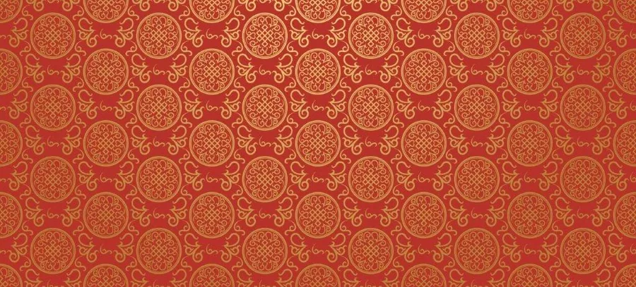 Repeating Oriental pattern of golden pomegranate medallions with scrollwork on deep red background