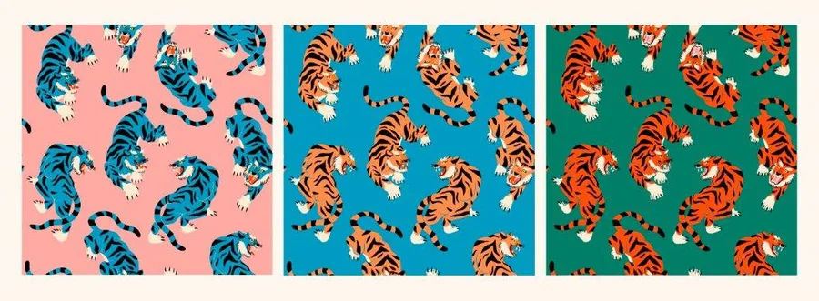 Repeating pattern of orange and blue striped tigers on pink, blue, and green backgrounds