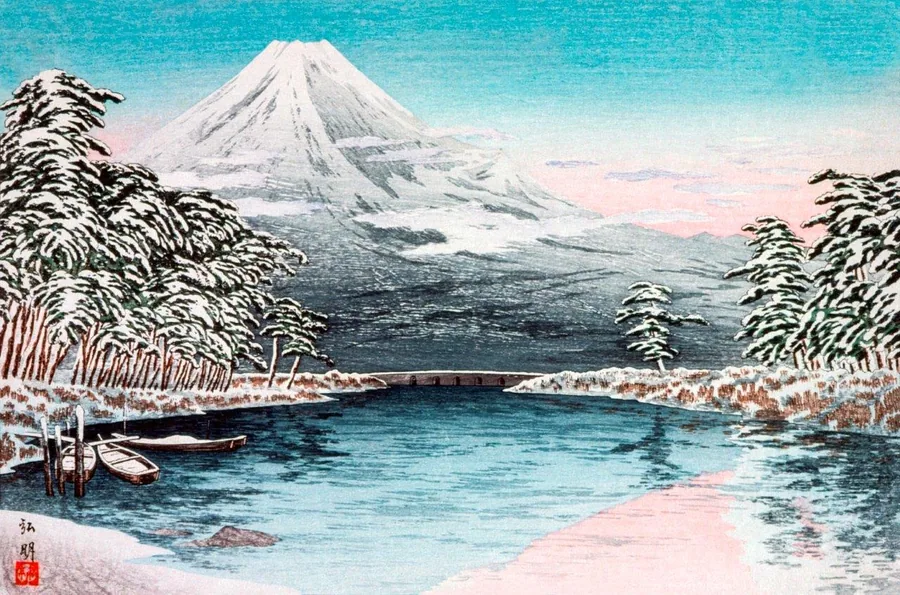 Snow-covered Mount Fuji with forested shores and frozen lake in traditional Japanese art style