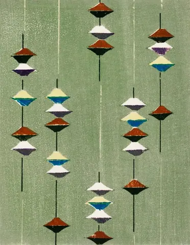 Mid-century hanging diamond shapes in rust, cream, navy, and purple on sage green background with vertical lines.
