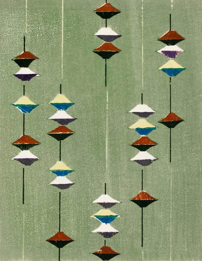 Mid-century hanging diamond shapes in rust, cream, navy, and purple on sage green background with vertical lines.