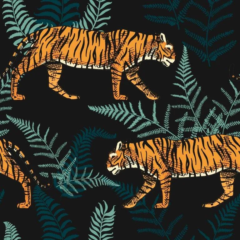 Two orange tigers with black stripes prowling among turquoise and green fern fronds on black background