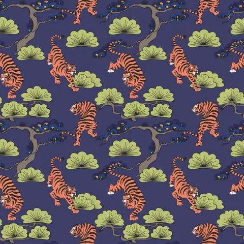Repeating pattern of orange striped tigers with green fan palms and brown branches on dark blue background