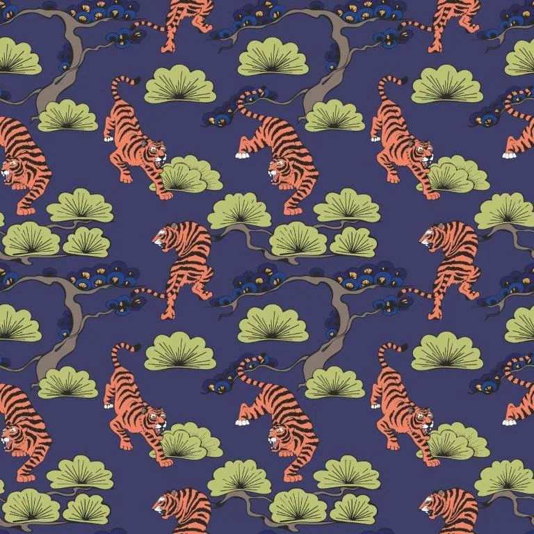 Repeating pattern of orange striped tigers with green fan palms and brown branches on dark blue background