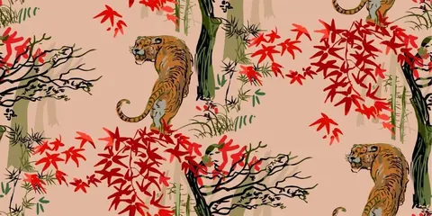 Repeating pattern of tigers climbing among red maple leaves and bamboo on beige background