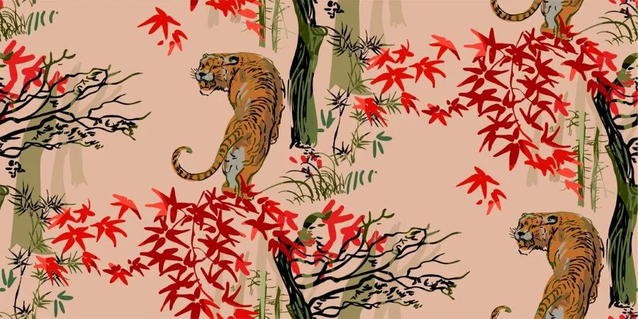 Repeating pattern of tigers climbing among red maple leaves and bamboo on beige background