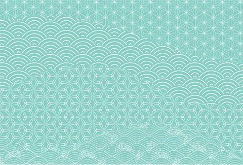 Turquoise wallpaper with repeating geometric patterns including floral medallions, concentric waves, and star motifs in white lines