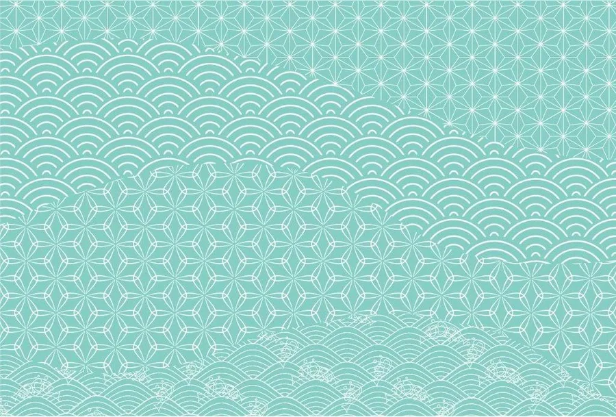 Turquoise wallpaper with repeating geometric patterns including floral medallions, concentric waves, and star motifs in white lines