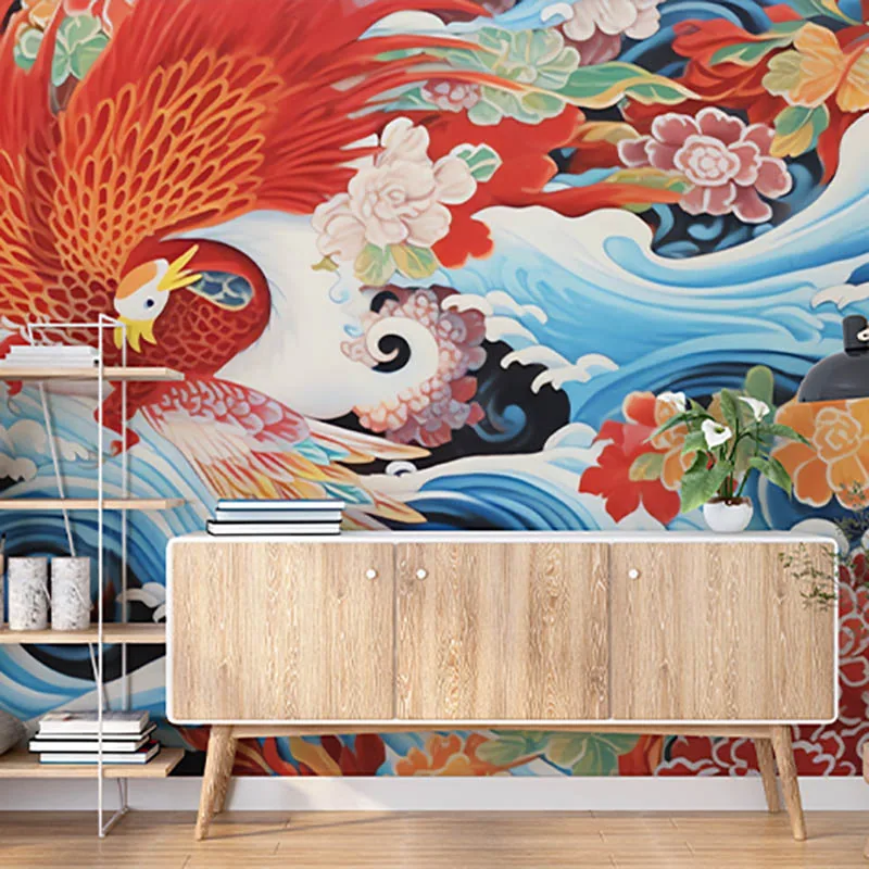Oriental wallpaper mural with red phoenix, colorful flowers, and blue waves on cream background