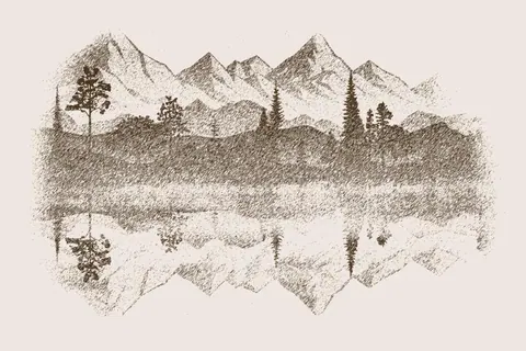 Sepia-toned sketch of mountain landscape with forested valleys and snow peaks