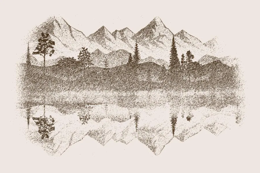 Sepia-toned sketch of mountain landscape with forested valleys and snow peaks