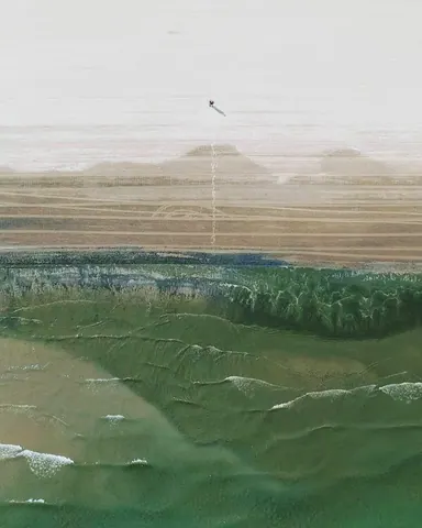 Painted landscape mural featuring misty mountains, green forested valleys, and distant peaks under soft sky.