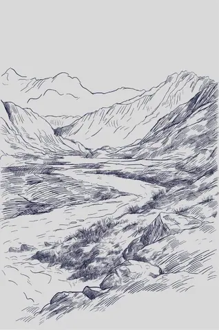 Pen sketch of mountainous valley with stream, rocky terrain, and distant peaks in linear artistic style