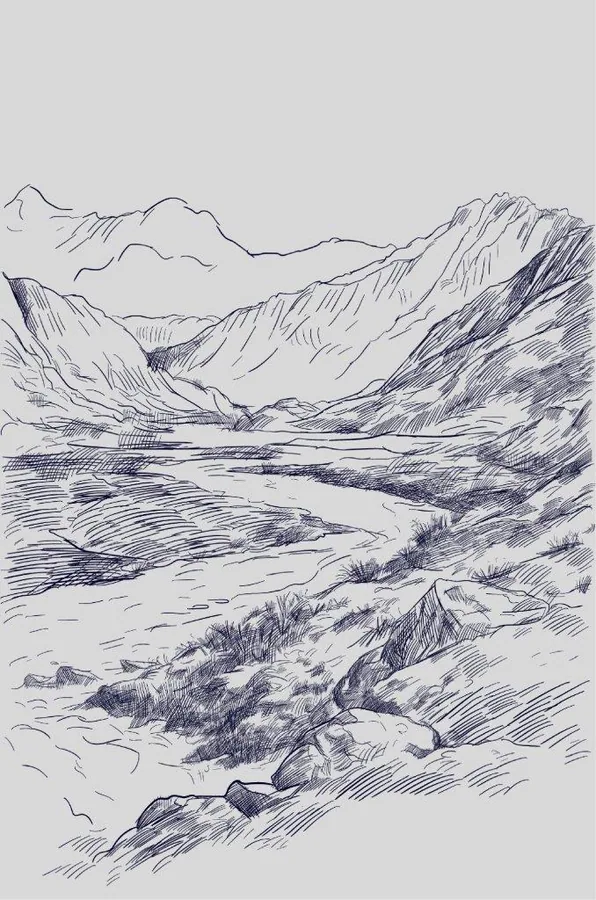 Pen sketch of mountainous valley with stream, rocky terrain, and distant peaks in linear artistic style