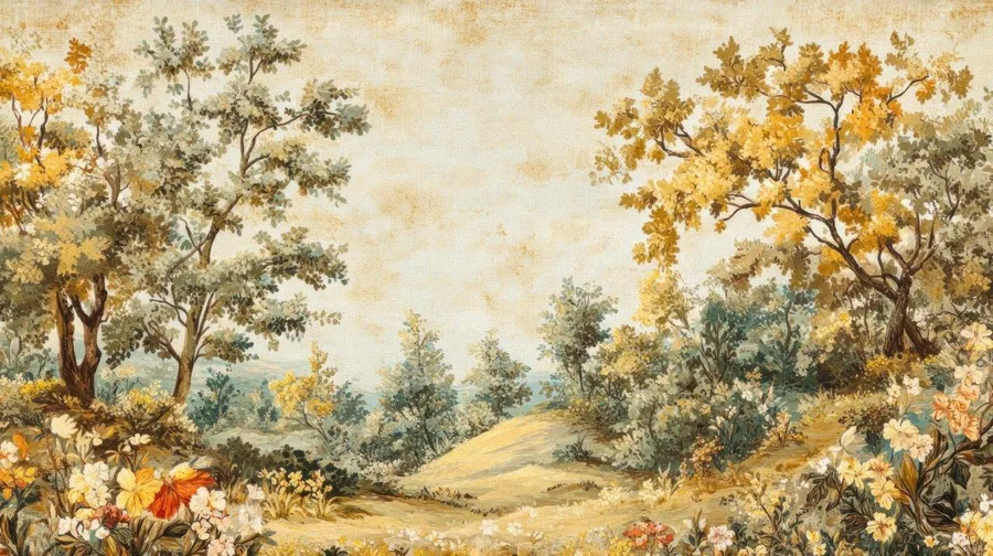 Vintage-style landscape mural featuring golden trees, wildflowers, and rolling hills in warm earth tones.