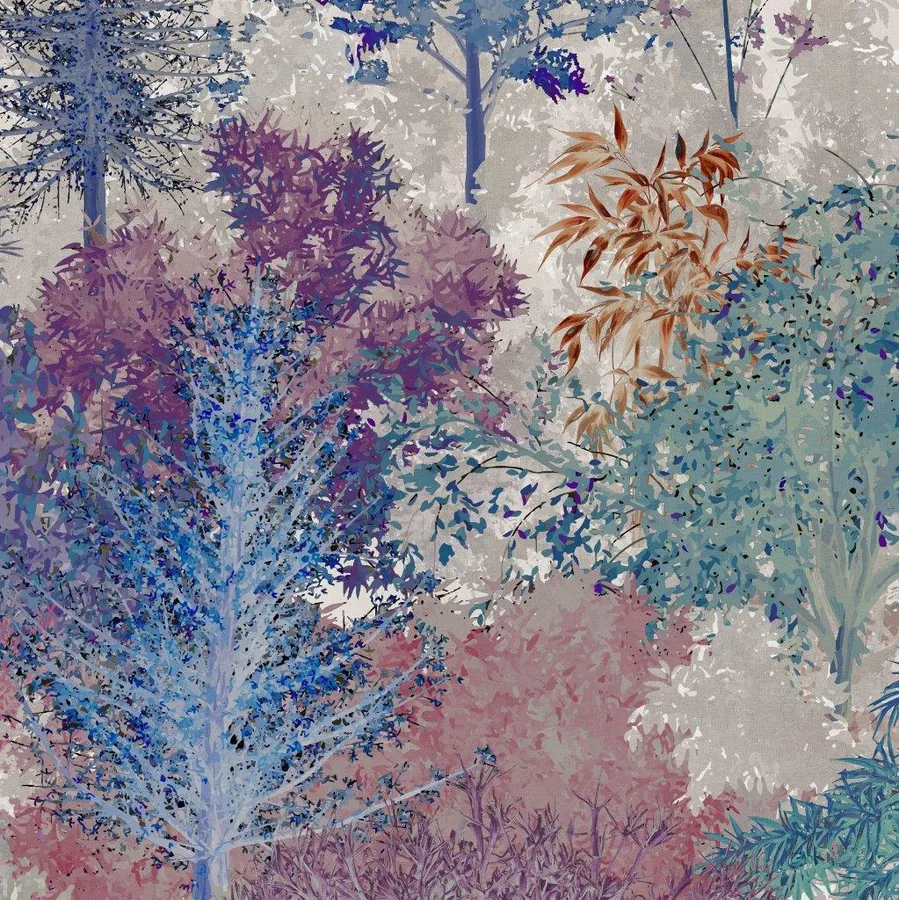 Layered watercolor forest with purple and blue trees, autumn foliage, and soft mist effects