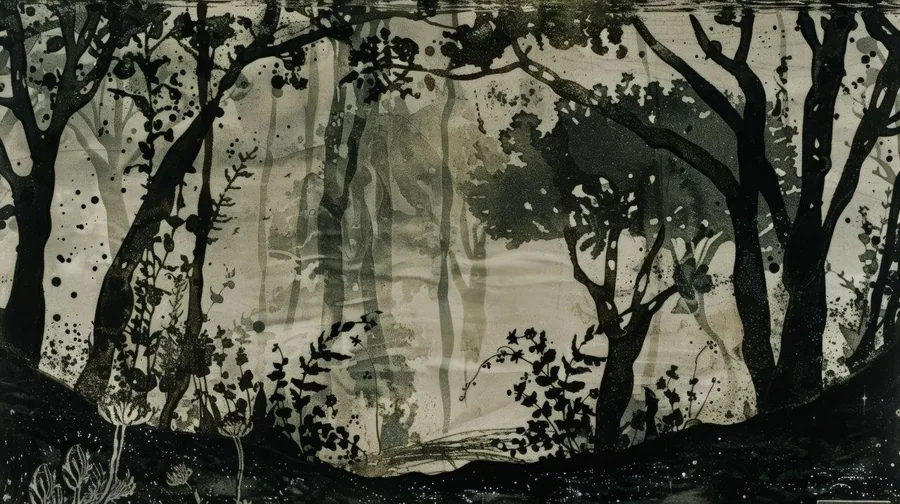 Layered silhouetted forest with dark tree trunks, translucent foliage, and misty cream background.