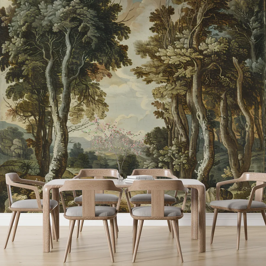 Painted forest landscape with tall trees, flowering shrubs, and misty mountains in classical style.