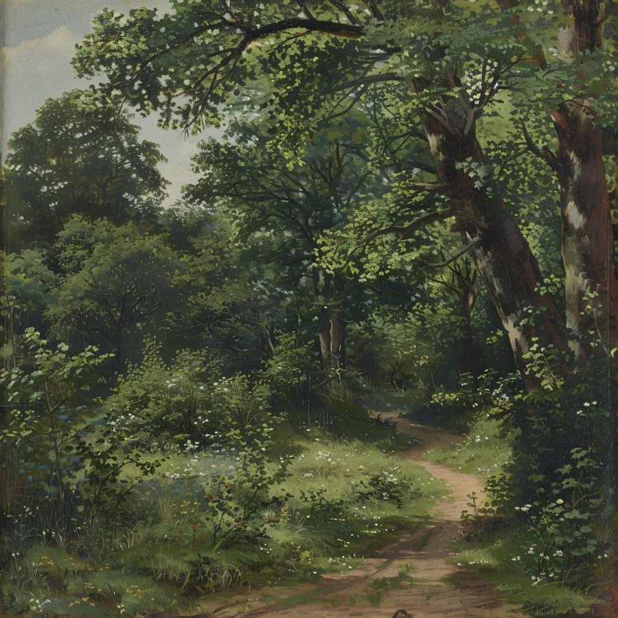 Dense forest landscape with towering trees, sunlit foliage, and a winding dirt path through green woodland.