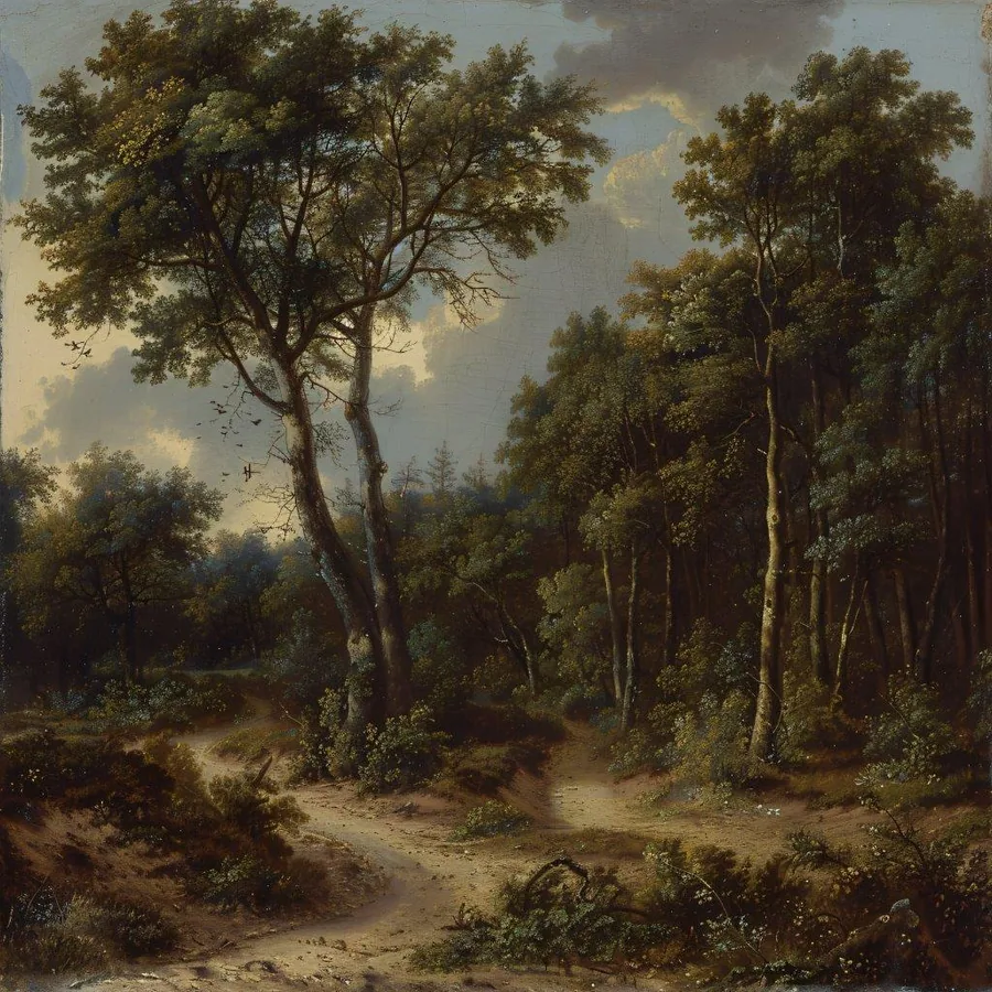 Classical forest landscape with tall trees, sandy path, and soft golden light through foliage