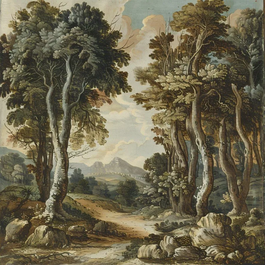 Classical forest landscape with tall trees framing a mountain valley and blue sky