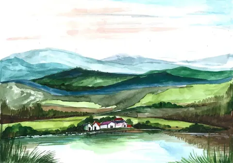 Watercolor landscape painting with green valleys, blue mountains, river, and white cottage with purple roof