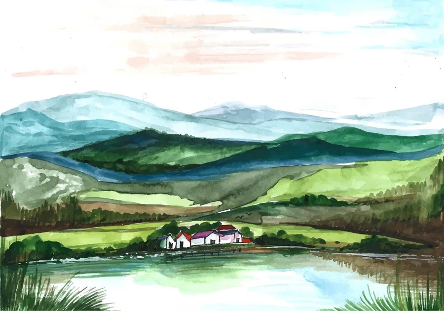 Watercolor landscape painting with green valleys, blue mountains, river, and white cottage with purple roof