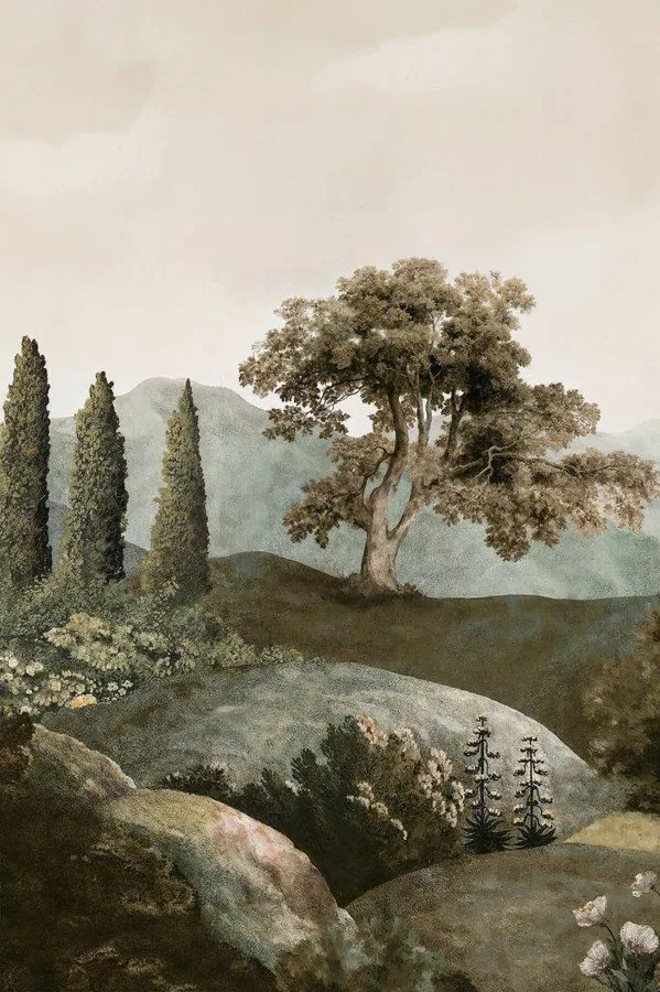 Painted landscape with tall cypress trees, ancient olive tree, and misty mountains in muted tones.