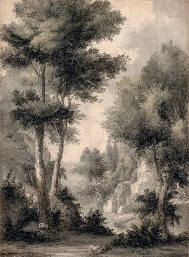 Monochromatic forest scene with tall trees receding into misty fog and undergrowth, classical drawing style.