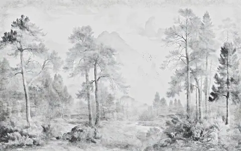Grayscale painted forest landscape with tall pine trees fading into misty background and undergrowth.