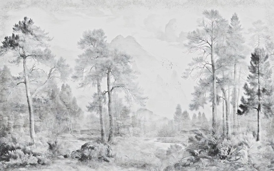 Grayscale painted forest landscape with tall pine trees fading into misty background and undergrowth.