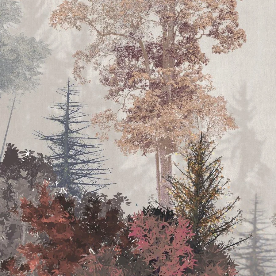 Misty forest scene with tall trees in autumn colors, pink and brown foliage, and atmospheric fog effects.