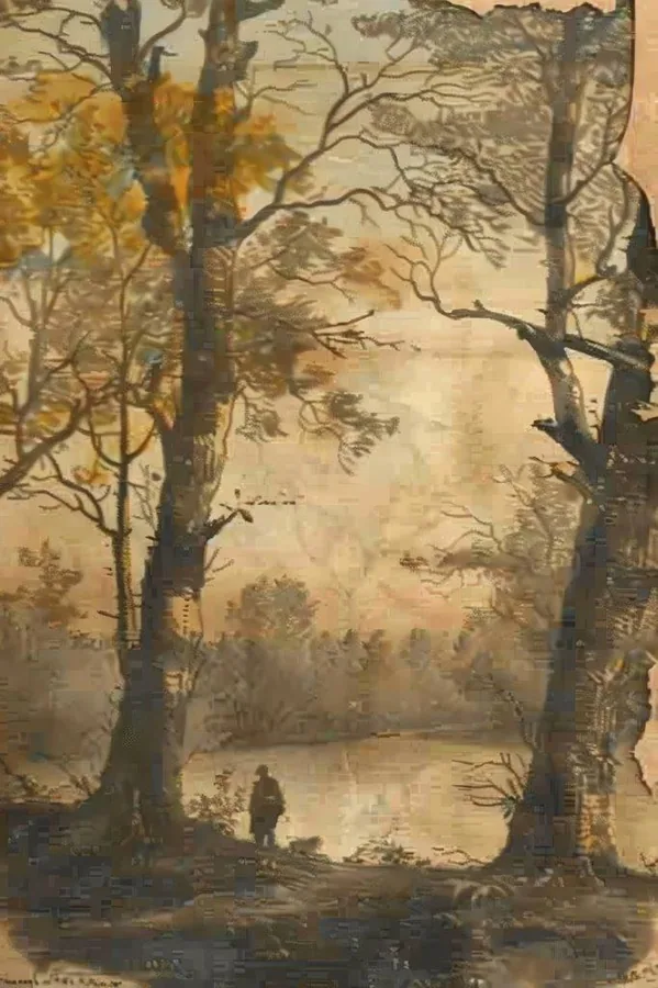 Vintage landscape mural depicting bare trees beside a misty river with a small figure, in muted earth tones.