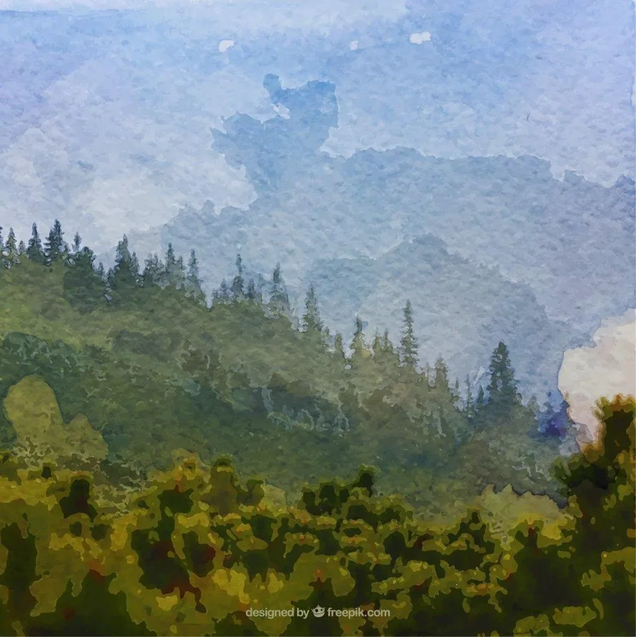 Watercolor-style mountain landscape with layered forest silhouettes and misty peaks in blue and green tones