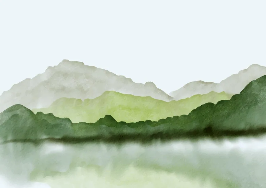 Watercolor painting of misty mountains reflected in still water, rendered in soft greens and grays.