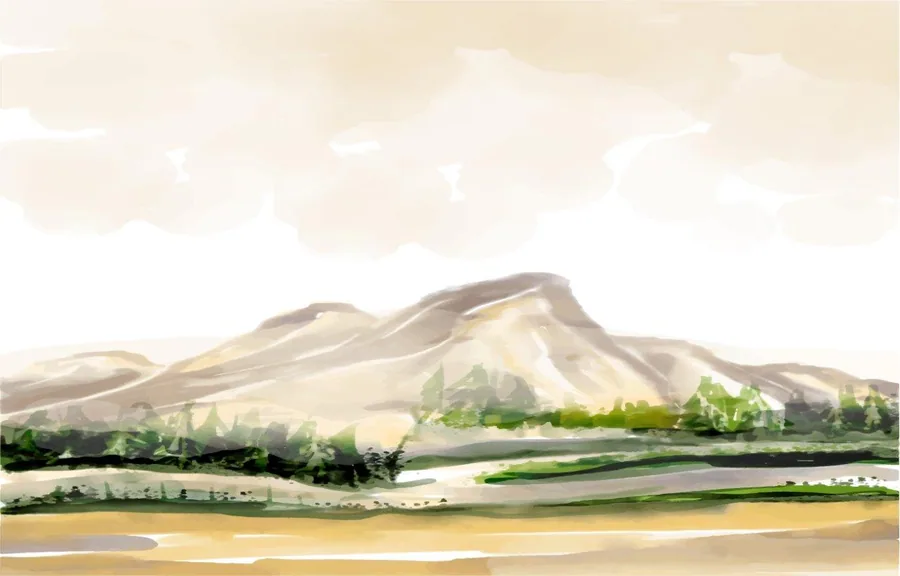 Watercolor-style landscape with beige mountains, green valleys, and a meandering river under cloudy sky.