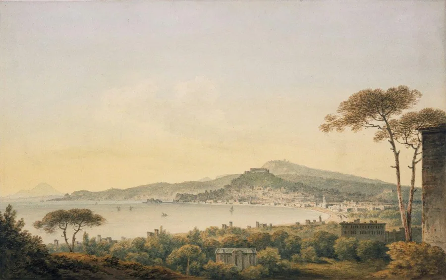 Romantic landscape mural of Naples Bay with waterfront villas, cypress trees, and distant mountains at golden hour.