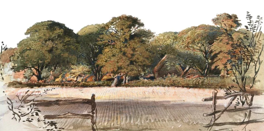 Watercolor painting of mature trees overlooking flooded fields and a river with golden and green foliage