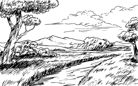 Black and white sketch of rolling hills with trees, clouds, and a winding stream through grassland.