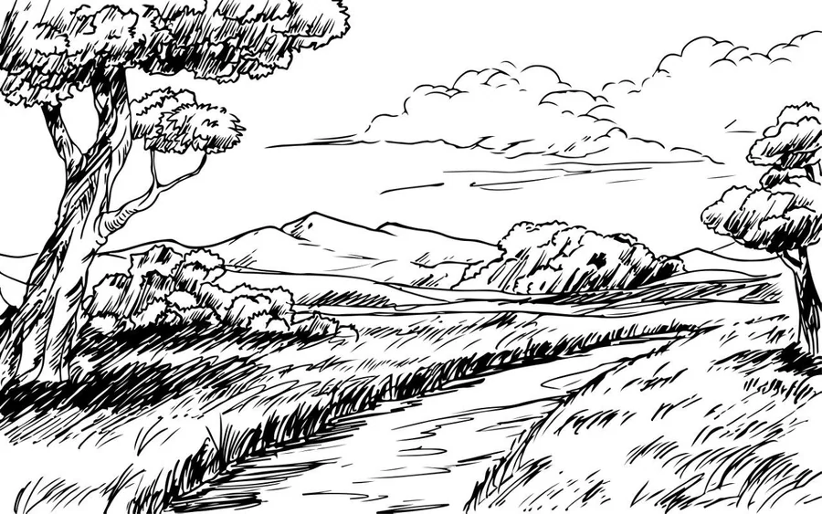 Black and white sketch of rolling hills with trees, clouds, and a winding stream through grassland.