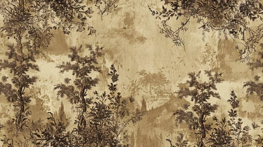 Sepia-toned wallpaper with layered botanical silhouettes and atmospheric landscape elements