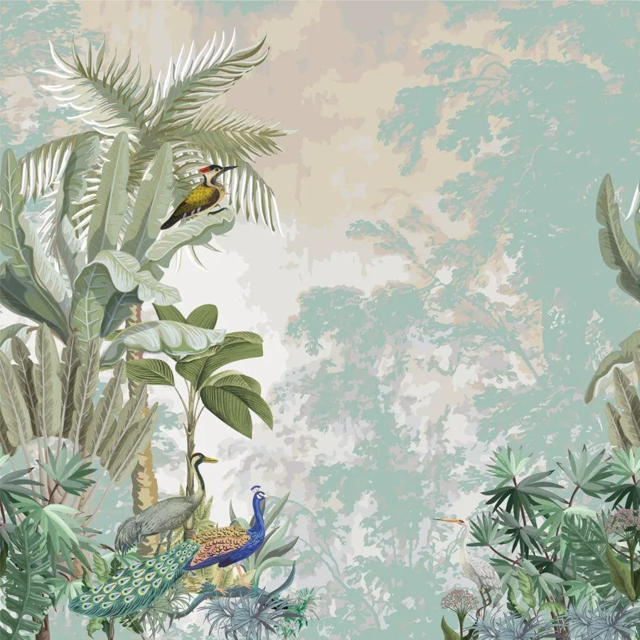 Illustrated tropical scene with peacock, hummingbirds, and flowering plants against a cloudy sky
