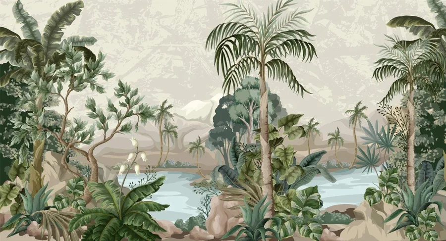 Hand-painted tropical landscape with palm trees, river, mountains, and dense vegetation in muted greens and blues.