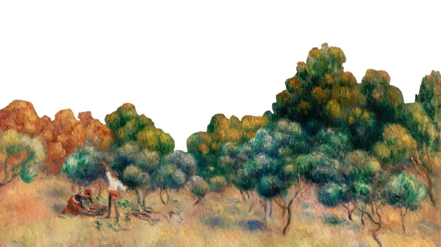Watercolor painting of Mediterranean olive trees in warm earth tones with figures resting beneath dappled shade.